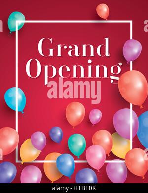 Grand Opening invito con cornice bianca e palloncini. illustrazione vettoriale. Illustrazione Vettoriale