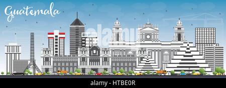 Guatemala skyline con edifici grigi e cielo blu. illustrazione vettoriale. viaggi di affari e di turismo con il concetto di architettura moderna. Illustrazione Vettoriale