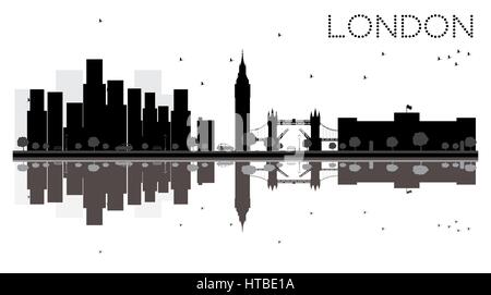 London skyline della città in bianco e nero con silhouette riflessioni. illustrazione vettoriale. semplice piatto concetto per il turismo presentazione, banner Illustrazione Vettoriale