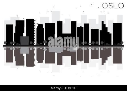 Oslo skyline della città in bianco e nero con silhouette riflessioni. illustrazione vettoriale. semplice piatto concetto per il turismo presentazione, banner Illustrazione Vettoriale