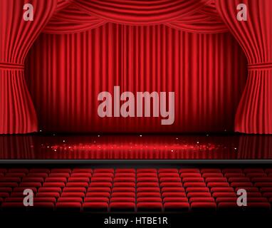 Red sipario di un palcoscenico con posti a sedere e spazio copia. illustrazione vettoriale. teatro, opera o il cinema scena. luce su un pavimento. Illustrazione Vettoriale
