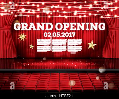 Grand Opening. Aprire tende rosse con le luci al neon. illustrazione vettoriale. teatro, opera o il cinema scena. Illustrazione Vettoriale