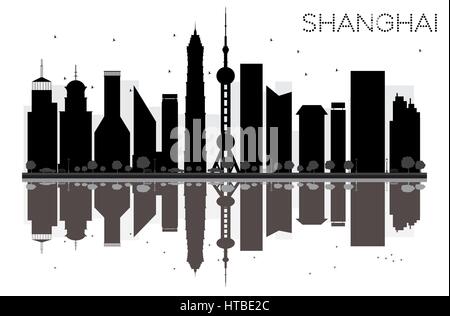 Shanghai skyline della città in bianco e nero con silhouette riflessioni. illustrazione vettoriale. semplice piatto concetto per il turismo presentazione, banner, cartellone Illustrazione Vettoriale