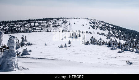 Pecny collina dalla bridlicna hora hill in inverno jeseniky montagne in Repubblica ceca con la neve e il cielo blu con nuvole Foto Stock