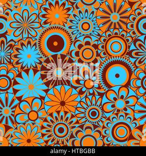 Vettore di Seamless pattern con molti motley vari fiori stilizzati in blu, arancione e marrone Illustrazione Vettoriale