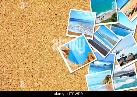Cumulo di vacanze foto con la spiaggia e il mare sulla spiaggia di sabbia sullo sfondo. Foto Stock
