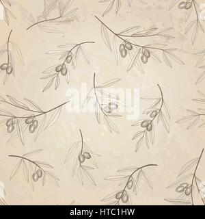 Olive seamless pattern. disegnati a mano olive branch background. Old fashion oliva texture decorativa per l'etichetta, confezione. Illustrazione Vettoriale