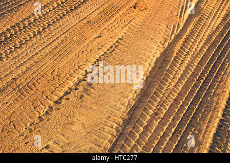Tracce di pneumatici in sabbia dorata Foto Stock