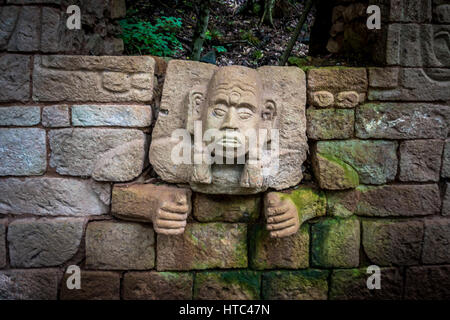 Dettagli scolpiti a rovine Maya - Copan sito archeologico, Honduras Foto Stock