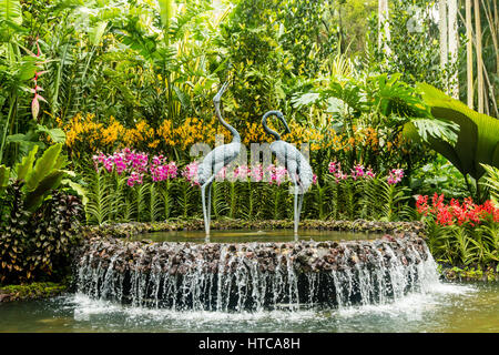 Elegante scultura di gru in una fontana a cascata circondata da splendide orchidee nel giardino di orchidee, Singapore Botanic Gardens, Asia Foto Stock