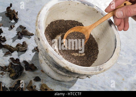 Judasohr, Judasohren getrocknet, getrocknete Pilze werden zermahlen, Pilzpulver, Trockenpilz, Trockenpilze, Dörrpilze, Dörrpilz, Ohrlappenpilz, Holund Foto Stock