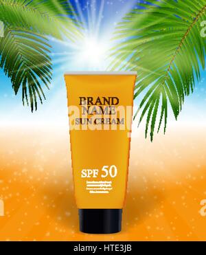 Sun Care crema bottiglia, tubo modello per gli annunci o la rivista Backgro Illustrazione Vettoriale
