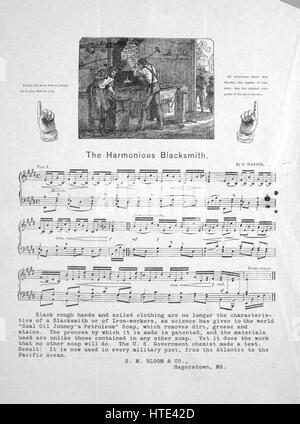 Foglio di musica immagine copertina della canzone 'l'armonioso fabbro', con paternitã originale lettura delle note "Da G Handel', 1900. L'editore è elencato come 'S.M. Bloom e Co.', la forma della composizione è "Tema e variazione [pagine mancanti]', la strumentazione è 'il pianoforte, clavicembalo', la prima riga indica 'Nessuno', e l'illustrazione artista è elencato come 'Nessuno'. Foto Stock