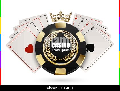 VIP Poker di lusso e nero golden chip in Golden crown con ace vettore scheda logo Casinò concetto. Royal poker club emblema con corona di alloro isolato o Illustrazione Vettoriale