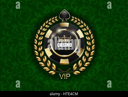 VIP Poker luxury nero e dorato vettore di chip casino concetto del logo. Royal poker club emblema con corona, corona di alloro e la forcella sul green motivo floreale Illustrazione Vettoriale