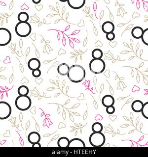 Lo stile di linea nero su bianco floreale 8 marzo seamless pattern. Illustrazione Vettoriale