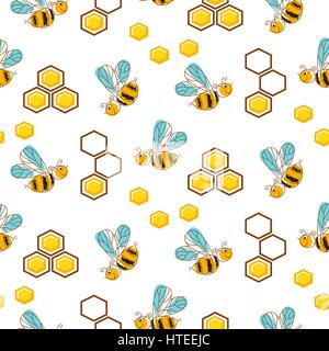 Carino le api ed il miele di cellule a pettine seamless pattern. Illustrazione Vettoriale