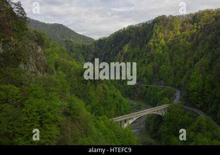 Parte di Transfagarasan Highway in Arges River Canyon, con la Fortezza di Poenari a sfondo, Romania Foto Stock