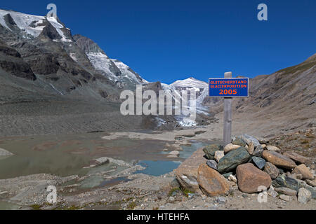 Segno, come i ghiacciai del 2005 presso il ghiacciaio Pasterze, Johannisberg sul retro, Grossglockner, Kaiser-Franz-Josefs-Höhe, Carinzia Foto Stock