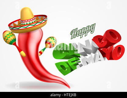 Un Felice Cinco De Mayo peperoncino il personaggio dei cartoni animati in sombrero hat holding maracas shakers Foto Stock