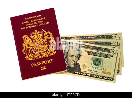 Un passaporto dell'Unione europea rilasciato nel Regno Unito e tre bollette da 20 dollari (USA) Foto Stock