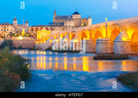 Illuminato Grande Moschea Mezquita - Catedral de Cordoba con lo specchio di riflessione e di ponte romano attraverso il fiume Guadalquivir durante la sera ore blu, Co Foto Stock