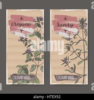 Due etichette a colori con origano e gustosi sketch. Le erbe culinarie collezione. Ottimo per la cottura, medico, giardinaggio design. Illustrazione Vettoriale