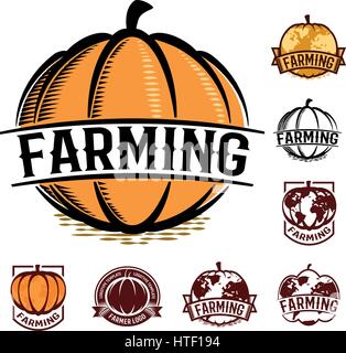 Isolato di colore arancione zucca set del logo su sfondo bianco autunno logotipo vegetale raccolta, mappamondo stilizzato illustrazione vettoriale Illustrazione Vettoriale