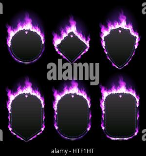 Set di sei telai di diverse forme con testo spazio circondato con realistica fiamma viola isolato su sfondo nero. Un fuoco che brucia effetto di luce. Illustrazione Vettoriale