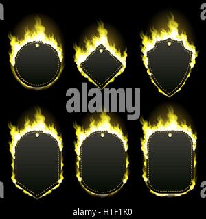 Set di sei telai di diverse forme con testo spazio circondato con realistica fiamma gialla isolato su sfondo nero. Un fuoco che brucia effetto di luce. Illustrazione Vettoriale