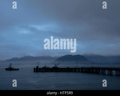 La Wharf a Jackson Bay, Sud Westland, Isola del Sud, Nuova Zelanda Foto Stock