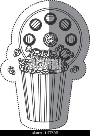 Contorno monocromatica adesivo con nastro di cinematografia e pop-corn Illustrazione Vettoriale