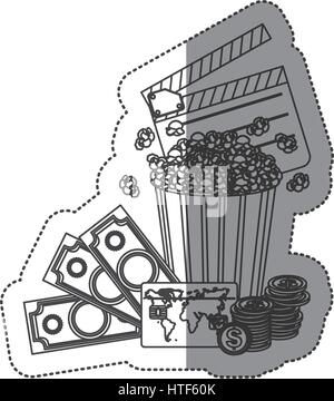 Monocromatico adesivo di contorno con popcorn cup con denaro e biglietti per il cinema Illustrazione Vettoriale