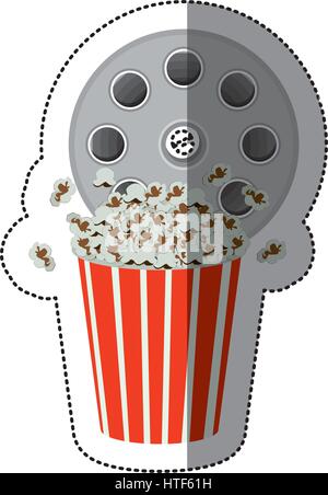 Adesivo colorato con nastro di cinematografia e pop-corn Illustrazione Vettoriale