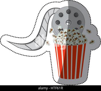 Adesivo colorato con la cinematografia movie video film tocca e pop-corn Illustrazione Vettoriale