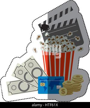 Adesivo colorato con popcorn cup con denaro e biglietti per il cinema Illustrazione Vettoriale