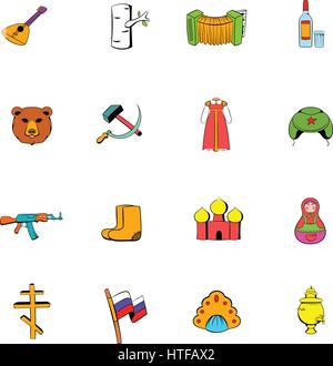 La Russia impostare set di icone in stile cartoon isolati su sfondo bianco illustrazione vettoriale Illustrazione Vettoriale