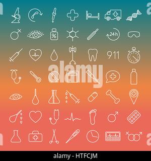 Set di quaranta-nove icone mediche di linee sottili, illustrazione vettoriale. Illustrazione Vettoriale