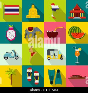 Thailandia set di icone di stile di Piana Illustrazione Vettoriale