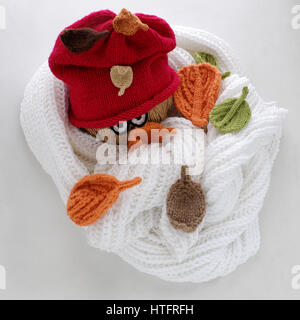 Funny Diy, umorismo sfondo di Natale fatti a mano, lazy pupazzo di neve dal bianco sciarpa, Red Hat, occhio, maglia foglia, foglie d'inverno nel freddo giorno di vacanza di Natale Foto Stock