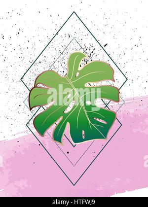 Abstract poster creativi. Forme geometriche e foglia di monstera. In stile art deco e Memphis. Contorni di bronzo sulla corsa rosa e texture spray ho Illustrazione Vettoriale