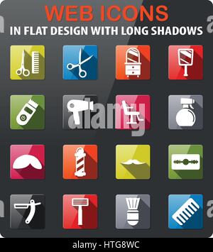 Barbiere set di icone in design piatto con lunga ombra Illustrazione Vettoriale