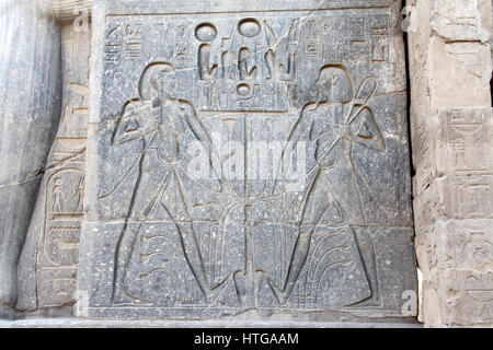 Rilievo sulla base del seduto Statua di Ramesse il Grande al Tempio di Luxor che simboleggia l'unione dell'alto e del Basso Egitto Foto Stock