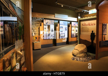 Visualizza informazioni su pioneer vita all'Oconaluftee Centro Visitatori nel Parco Nazionale di Great Smoky Mountains. Foto Stock