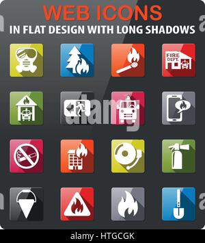 Vigili del fuoco set di icone in design piatto con lunga ombra Illustrazione Vettoriale