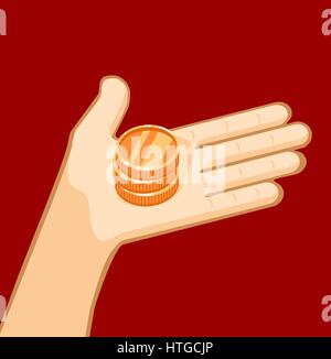 Le monete d'oro in mano. Sfondo rosso Illustrazione Vettoriale