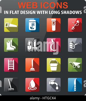 Attrezzi da giardino set di icone in design piatto con lunga ombra Illustrazione Vettoriale
