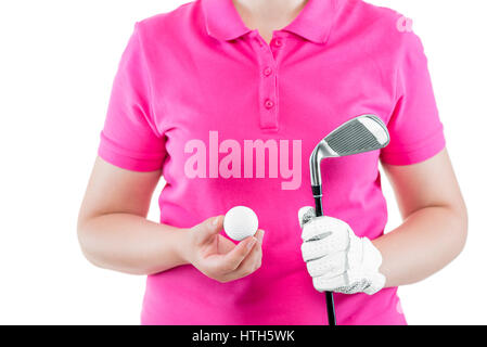 Il golfer preparato per la sfera di gioco e un golf club nelle sue mani closeup Foto Stock