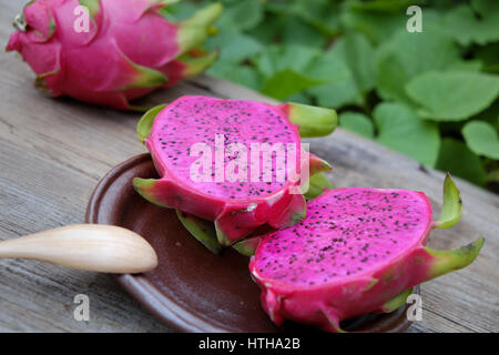 Mangiare frutta drago, frutti tropicali, Vietnam del prodotto di agricoltura, con purle, colore rosa, close up di deliziosi dessert al giardino Foto Stock