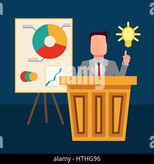 L imprenditore rendendo la presentazione alla conferenza e rivolta verso la lampada. Idea concetto. Vector design piatto illustrazione. Illustrazione Vettoriale